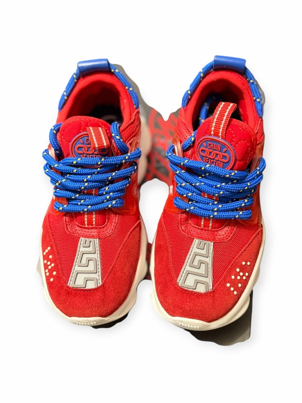 Versace Kids Red Sneakers with Blue Laces